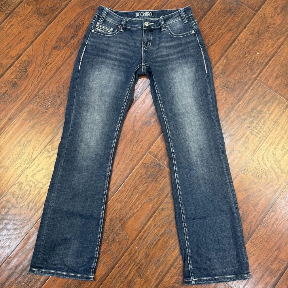Rock & Roll Cowgirl Women's Jeans 28x34‎ Low Rise Straight Leg Stretch Distress